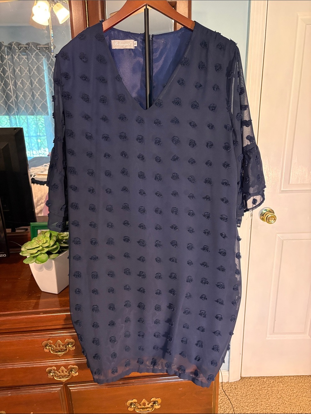Polagram Navy Textured V-Neck Midi Dress